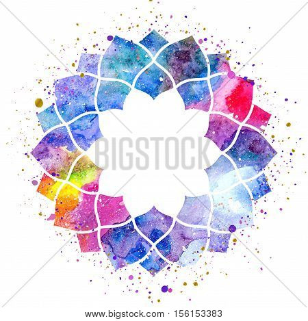 Geometric mandala flower frame. Watercolor texture and splash. Colorful blue purple pink colors. Cosmic space texture