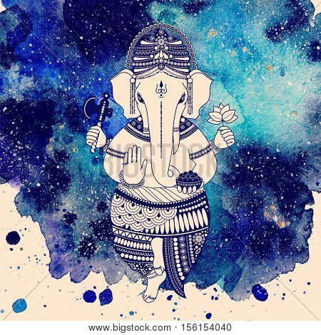 Ganesha or Ganapati Indian deity in the Hindu. On watercolor paint background illustration for design of prints web festive Chaturthi invitations.