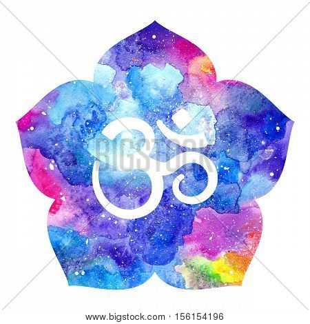 Om sign in lotus flower. Rainbow watercolor texture. Element isolated. Spiritual Buddhist Hindu symbol