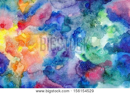 Watercolor multicolored bright texture cosmic space background