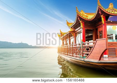 Traditional ship at the Xihu (West lake) Hangzhou China