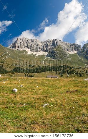 The high Plateau of Montasio with green pastures in summer and Julian Alps (Jof di Montasio). Udine Friuli Venezia Giulia Italy Europe