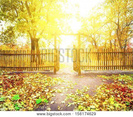 Door to wooden fence overlooking park in autumn