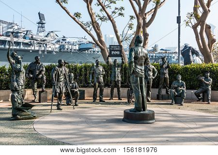 SAN DIEGO, CALIFORNIA - FEBRUARY 29, 2016: Bronze statues of Bob Hope and US military personnel in 