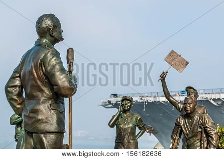 SAN DIEGO, CALIFORNIA - FEBRUARY 29, 2016: Statues of US military personnel and Bob Hope in artwork entitled, 