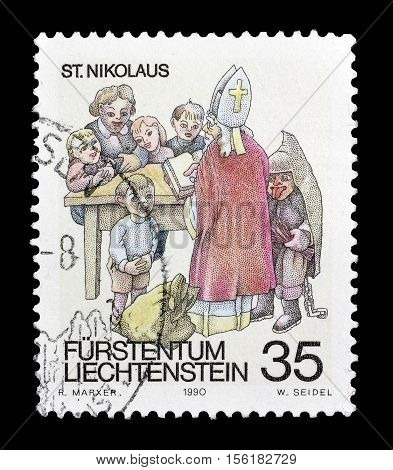 LIECHTENSTEIN - CIRCA 1990 : Cancelled postage stamp printed by Liechtenstein, that shows Saint Nikolaus.