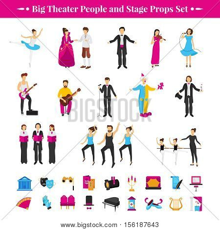 Stage props set with actors dancers and musicians flat isolated vector illustration