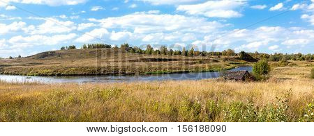 River Msta, panorama bright sunny day in autumn.