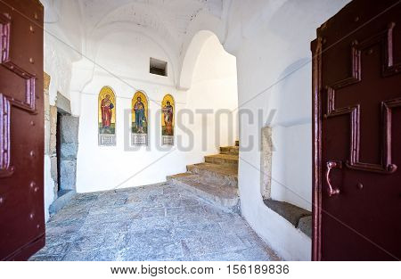 Patmos, Greece - May 16, 2010: The entrance of the Agios Joannis Theologos Monastry