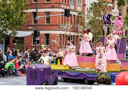 Adelaide South Australia - November 12 2016: More than 250.000 came to the city centre to see 172 colourful sets of floats bands dancers clowns and Father Christmas. The Credit Union Christmas Pageant is one of the biggest events in South Australia