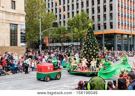 Adelaide South Australia - November 12 2016: More than 250.000 came to the city centre to see 172 colourful sets of floats bands dancers clowns and Father Christmas. The Credit Union Christmas Pageant is one of the biggest events in South Australia