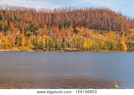 Beautiful lake Bajer, colorful autumn landscape, Fuzine, Gorski kotar, Croatia