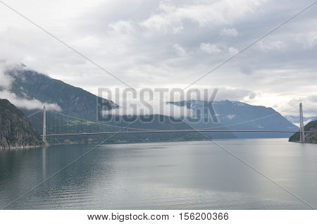 Suspension bridge on Norwegian Fjord in  scandanavia