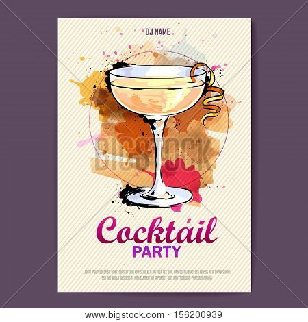 Hand Drawn Artistic Cocktail Disco Poster. Watercolor Paint