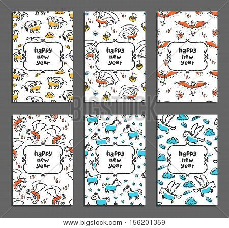 Set of happy new year greeting card with mythical beasts. Cute cartoon vector childish pattern on white background. Cartoon grifin, dragon, phoenix, unicorn, pegasus and basilisk