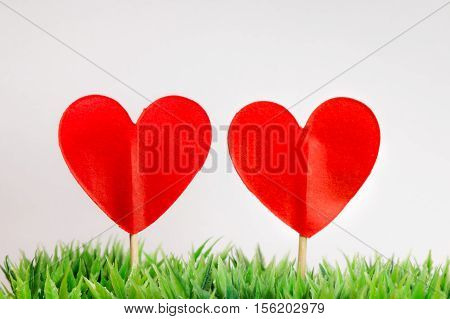 two paper hearts on a stick in the grass