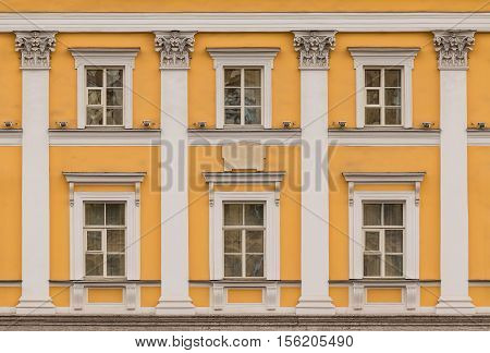 St. Petersburg Russia - September 22 2016: Several windows in a row on facade of the Derzhavin Manor museum front view