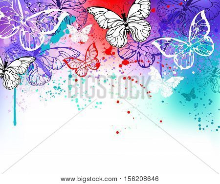 Flying butterflies against the background of the contour shaded red purple and turquoise watercolor paint. Morpho.