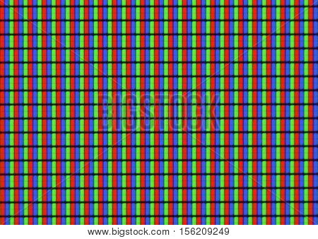 Red, green and blue pixels on screen LED TV close-up.