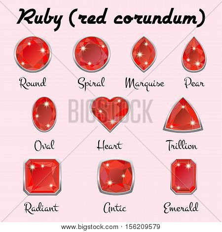 Set of different types of cuts of precious stone Ruby in realistic shapes in red color with silver edging. Vector illustration