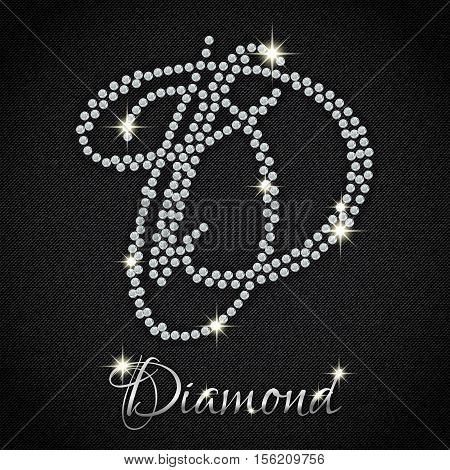 Calligraphic letter D from realistic crystals with sparkles of precious stone Diamond on black denim background. Vector illustration