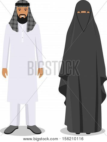 Arab people men and women standing together in traditional islamic clothes in flat style on white background. Social concept. Family concept.