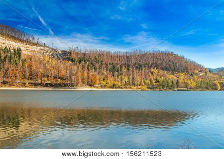 Beautiful lake Bajer, colorful autumn landscape, Fuzine, Gorski kotar, Croatia
