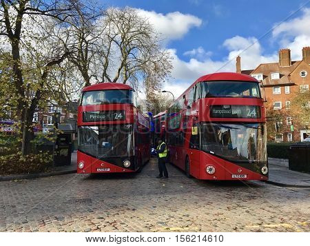 LONDON - NOVEMBER 7: New London Routemaster Busses operating the 24 bus route between Pimlico and Hampstead Heath on November 7, 2016 in London, UK.