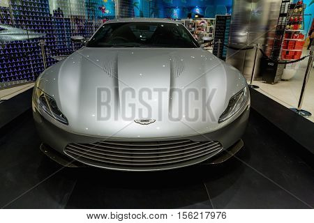 DUBAI UAE - NOVEMBER 8 2016: A 2016 Aston Martin DB10 at The Gallery in Burj Khalifa skyscraper.