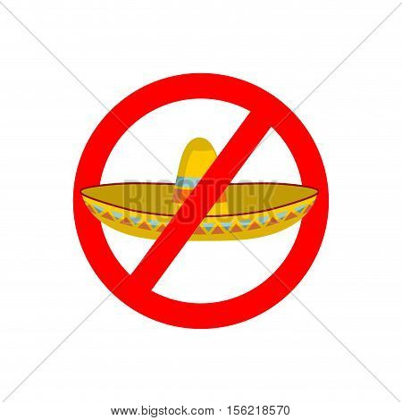 Stop Migrants. Ban Illegal Migration. Red Prohibition Sign. National Strikeout Sombrero Hat In Mexic