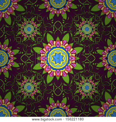 Seamless Floral Mandala Pattern In Pink Turquoise Green And Pale Orange On Floral Lilac Background.