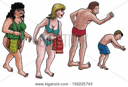 Colored Drawing Of People In Swimsuit. Pen, Ink And Acryl