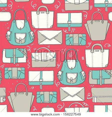 Seamless vector illustration with cute teal and grey handbags and clutches in fashion stylish pattern. Hand drawn background drawn with imperfections on pink background