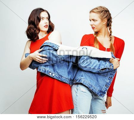 best friends teenage girls together having fun, posing emotional on white background, besties happy smiling, lifestyle people concept close up