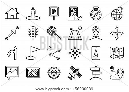 Navigation Thin Line Related Icons Set on White Background. Simple Mono Linear Pictogram Pack Stroke Vector Logo Concept for Web Graphics. Editable Stroke. 48x48 Pixel Perfect.