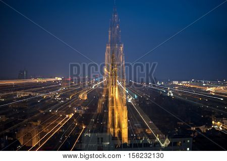 Cathedral of Our Lady at night picture taken with the long shutterspeed with the help of rotating the focal length ring. 