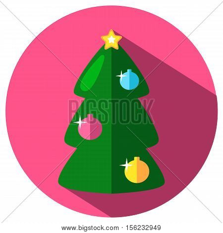 Green Christmas tree with ornament vector icon in flat style. Green fir tree image in flat style. Christmas or New Year stamp or logo with fir tree. Fir tree with ornament. Winter holiday icon