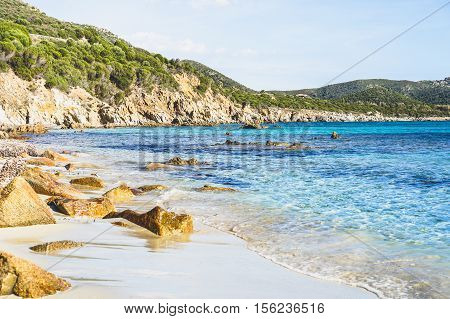 Paradise landscape beach with white sandrocks and multicolor blue sea - Mediterranean italian scrub next wild nature sea - Tuerredda Sardinia island - Vacation concept - Warm vivid filter