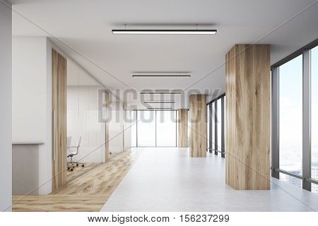 Office with wooden columns panoramic windows and several meeting rooms. Concept of office building. 3d rendering.