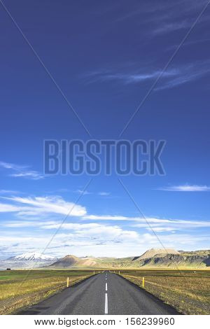 Isolated Road To Snaefellsjoekull Mountain At Iceland, Summer Time
