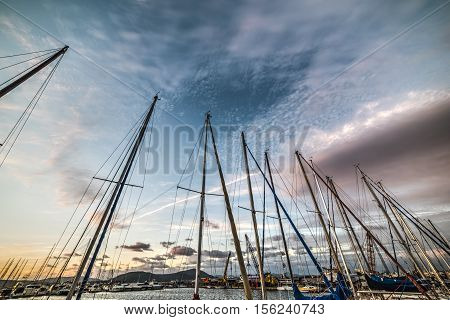 boats masts in Alghero harbor at sunset Italy