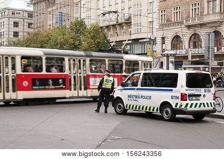 CZECH REPUBLIK, PRAGUE - OCTOBER 18, 2016: Intensified police presence in the inner city of Prague. Since Prague is considered as a possible attack target, the police presence was increased.