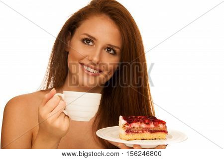 strawberry cake - wman eats sweet dessert isolated