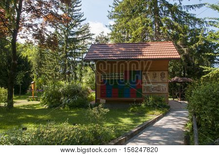 Mozirje, Slovenia - May 5 2014: Traditional Colorful And Picturesque Wooden Bee Hive In Slovenia