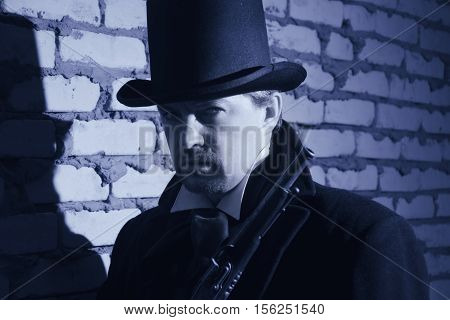 Victorian Man In The Black Coat, Top Hat And In A Tie