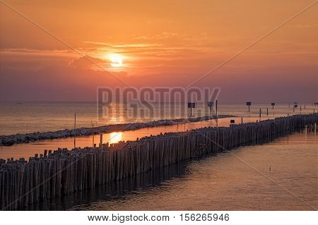 Wonderful  golden Sunset  on ocean in natural climate tropical at Bangkhunthien place is a bordering the sea of Bangkok / Thailand, well-know fresh and cheap seafood restaurants. Bamboo dike is  build to prevent flooding from the sea.