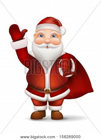Santa Claus with a bag of gifts behind the back waving his hand. Christmas character - vector illustration.