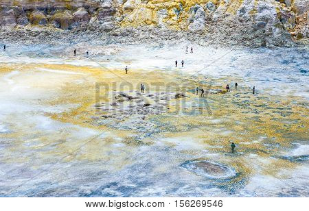 Nissyros Greece - May 17 2010: Tourists in the volcano's caldera