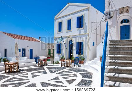 Nissyros, Greece - May 17, 2010: The  square of the Nikia village on the volcano border