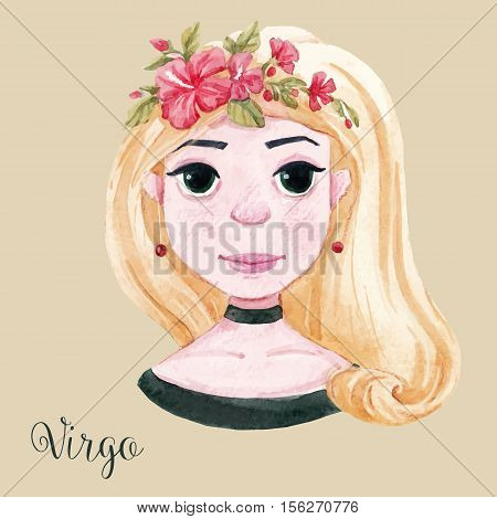 Beautiful watercolor hand drawn girl as a symbol of horoscope sign virgo